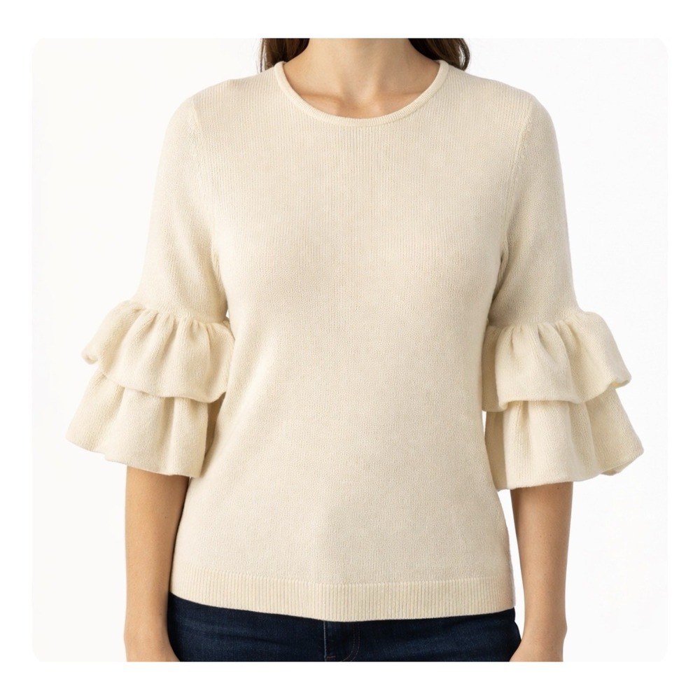 J McLaughlin Cream Italian Merino Wool Ruffle Sleeve Sweater Feminine Spring M